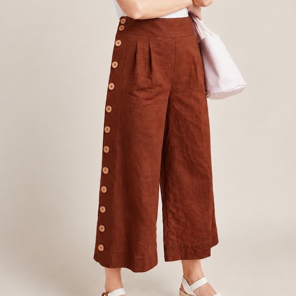 Anthropologie Angie Linen Blend Button Wide Leg Crop Pant 0 Boho Fall Autumn